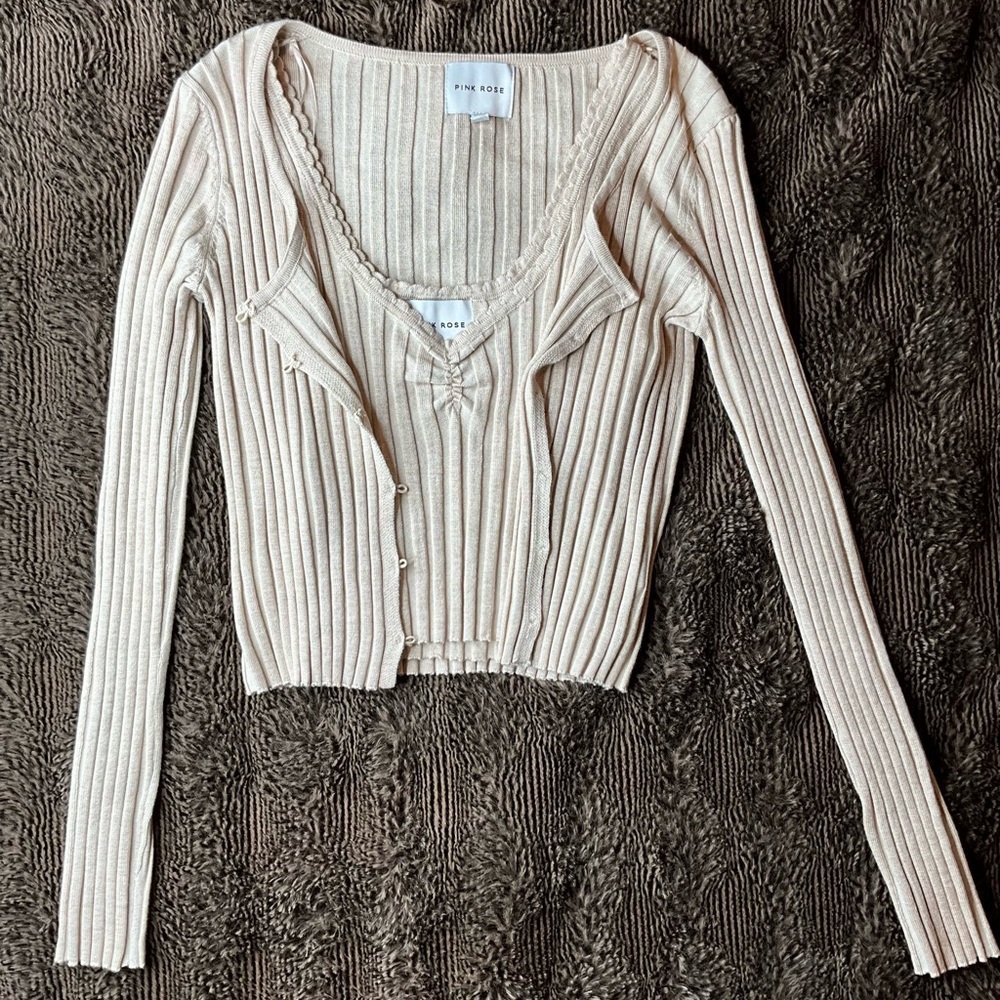 Cream Pink Rose Cardigan and Tank Top.